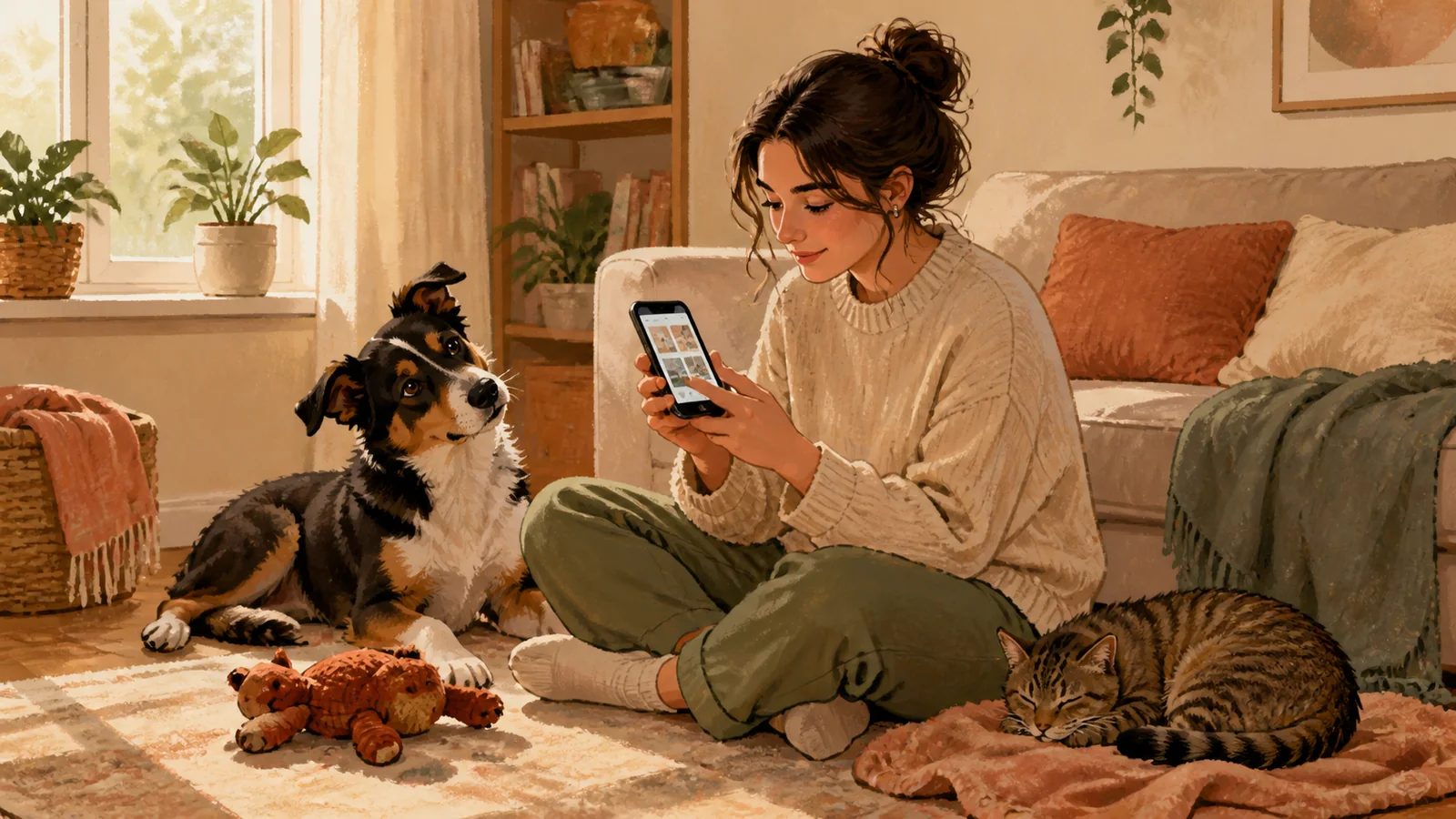 A pet owner reviews phone photos while a dog tilts its head and a cat rests nearby in a warm living room.