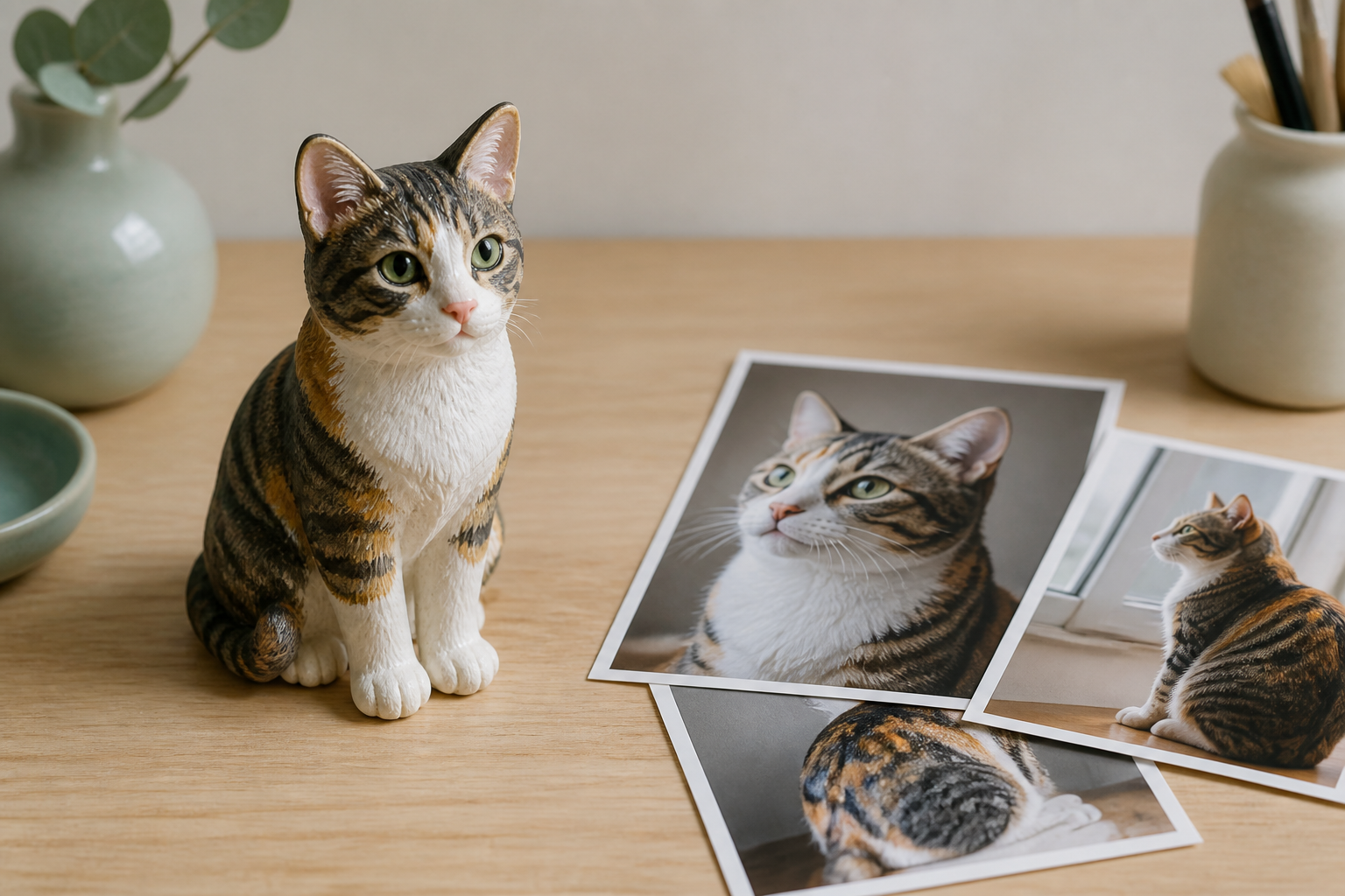Illustrative cat sculpture with visible coat markings beside reference photos