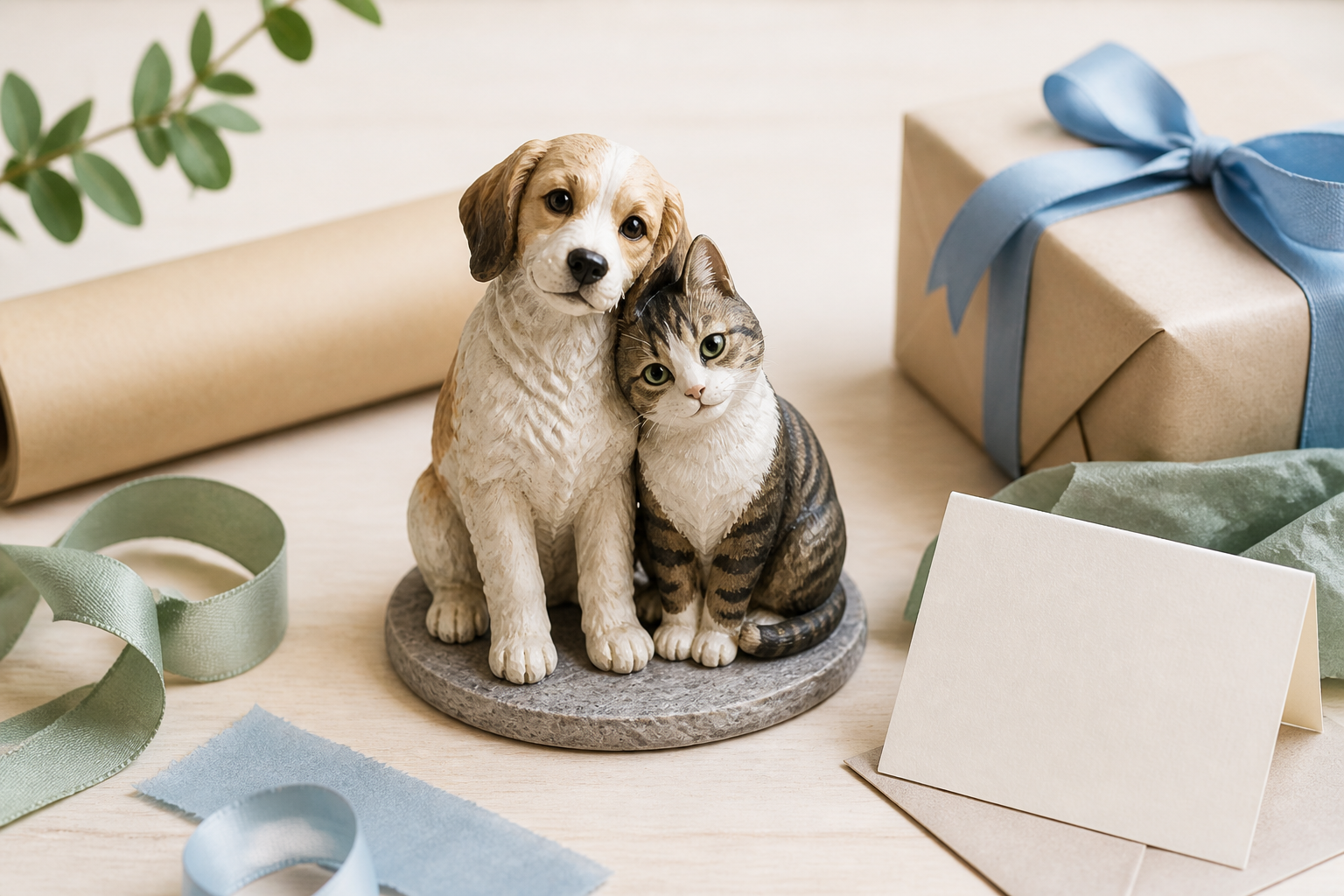 Illustrative pet sculpture gift setup with wrapping and a blank card