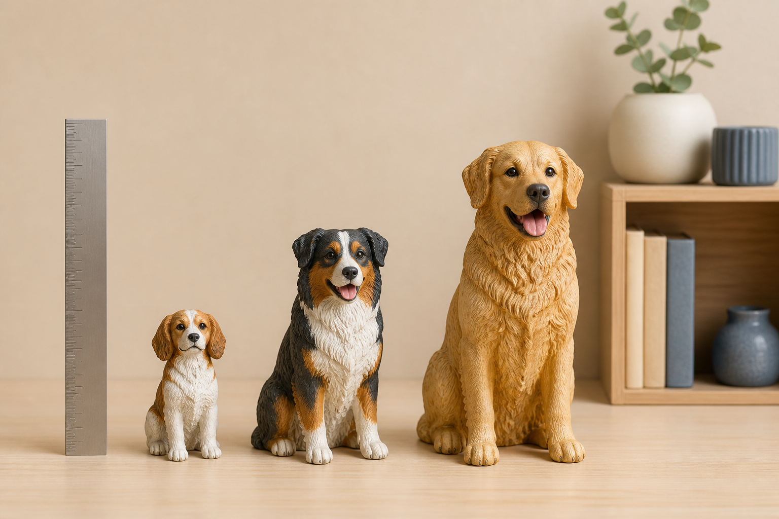 Illustrative comparison of three pet sculpture sizes beside a ruler