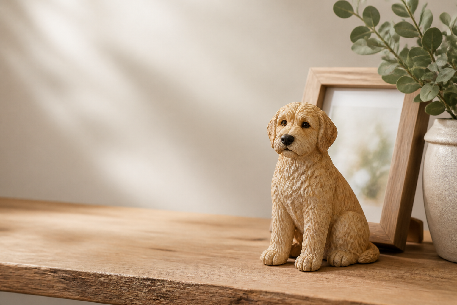 Illustrative pet memorial sculpture beside a framed photo