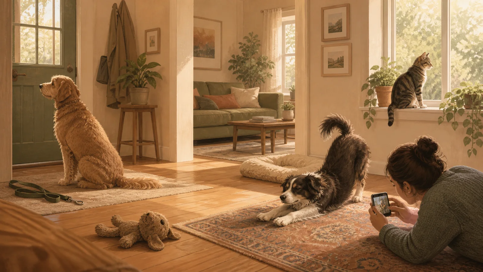 A dog waits by the door, a cat watches from a window, and another dog stretches while a person takes a photo at home.