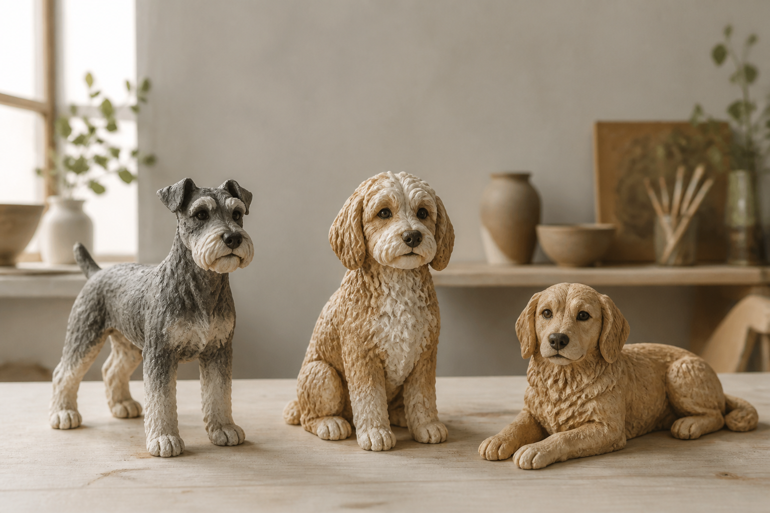 Illustrative pet sculptures in standing, sitting, and lying poses