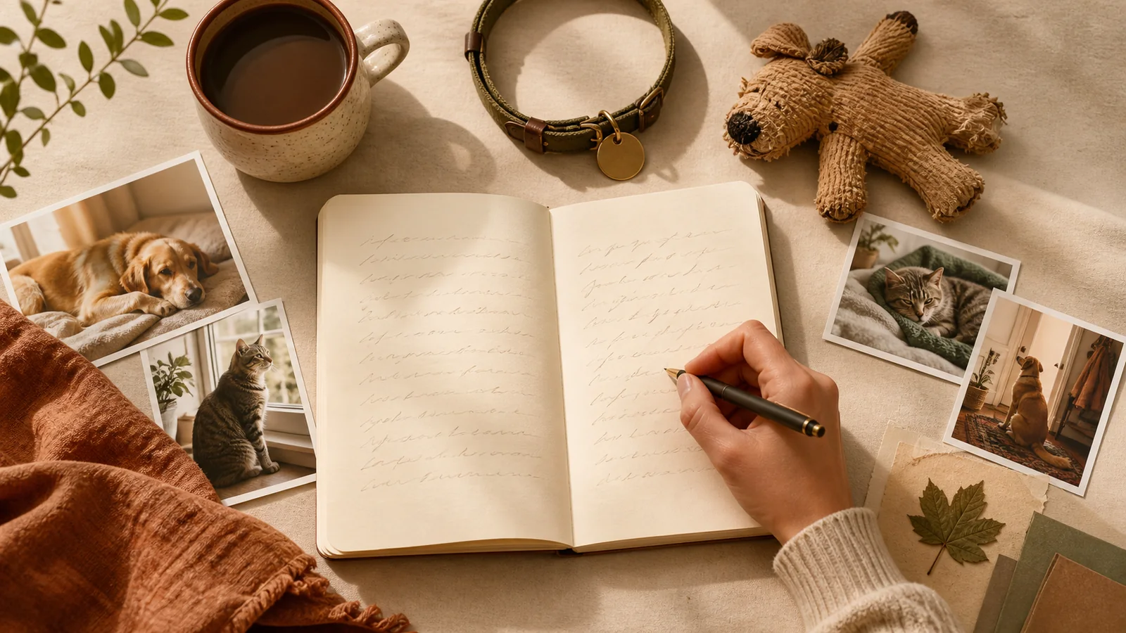 An open notebook surrounded by printed dog and cat photos, a collar, a worn toy, and a pressed leaf.