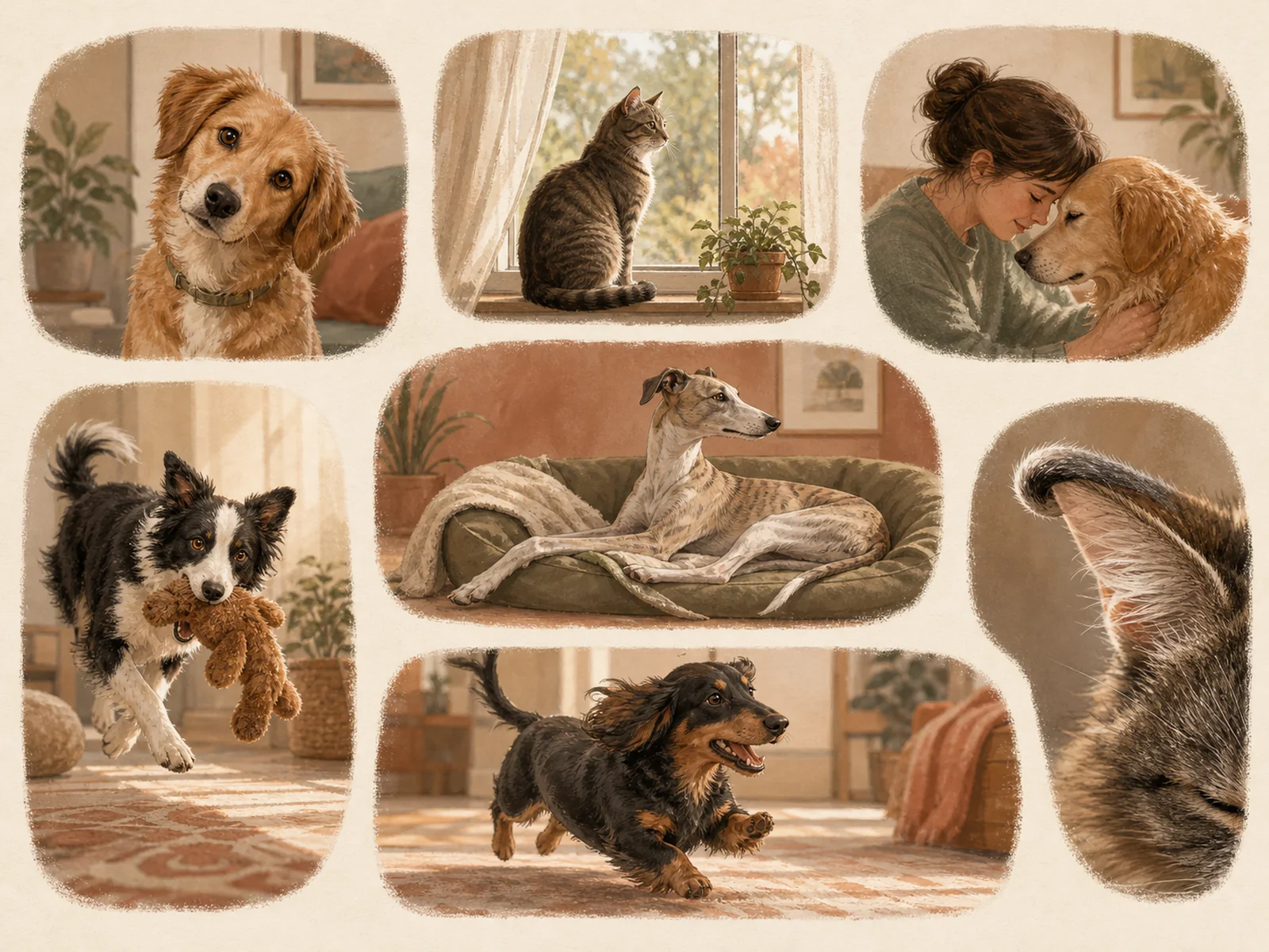 Seven illustrated pet moments show a head tilt, window watching, affection, play, posture, an ear detail, and joyful movement.