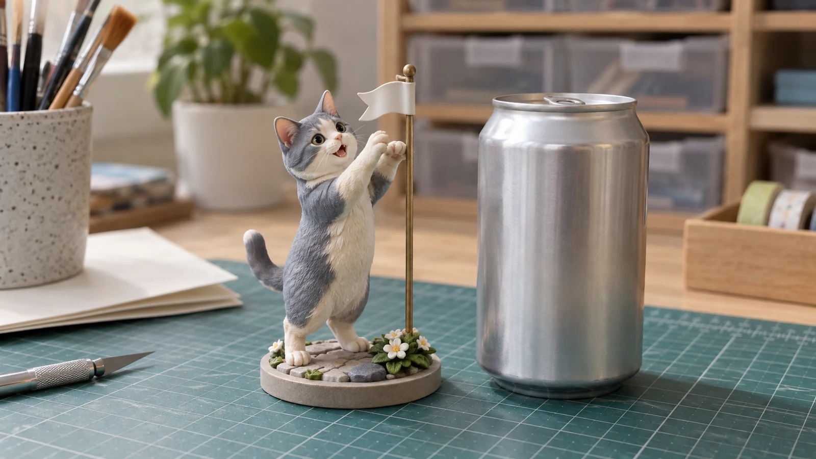10 cm full-color 3D-printed blue-gray cat model reaching toward a paper ribbon beside a beverage can on a craft desk