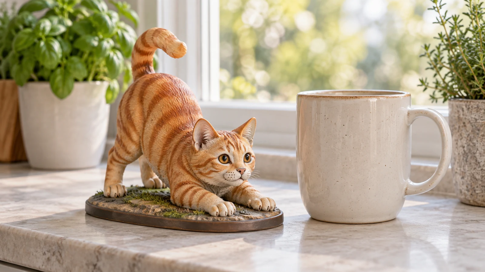 10 cm full-color 3D-printed orange tabby cat model crouching beside a mug on a kitchen windowsill