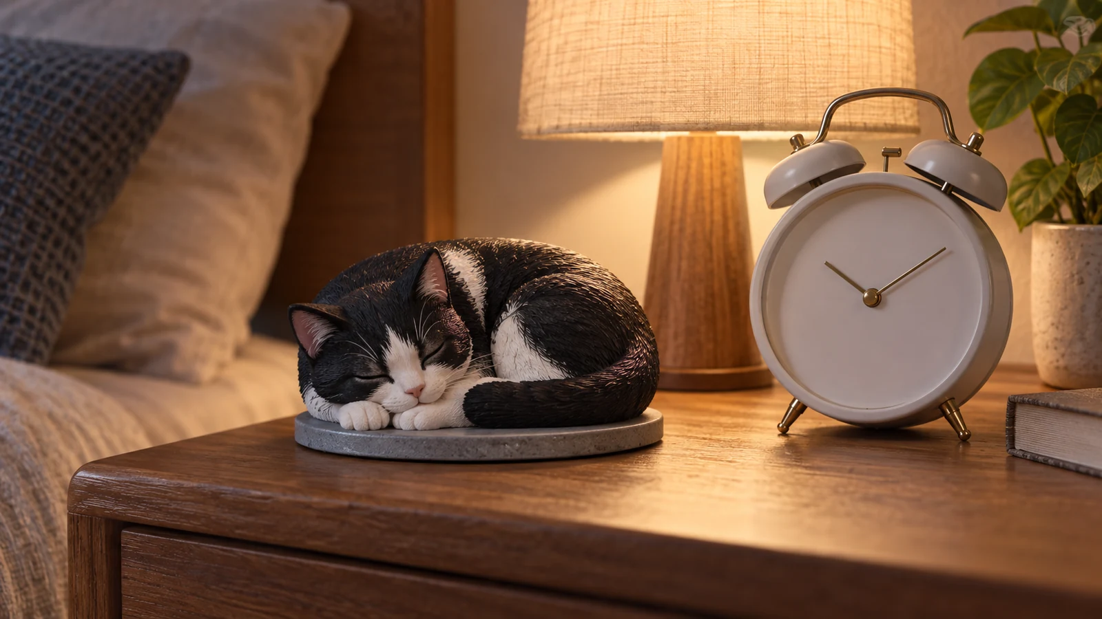 12 cm full-color 3D-printed tuxedo cat model curled asleep beside an alarm clock on a bedroom nightstand
