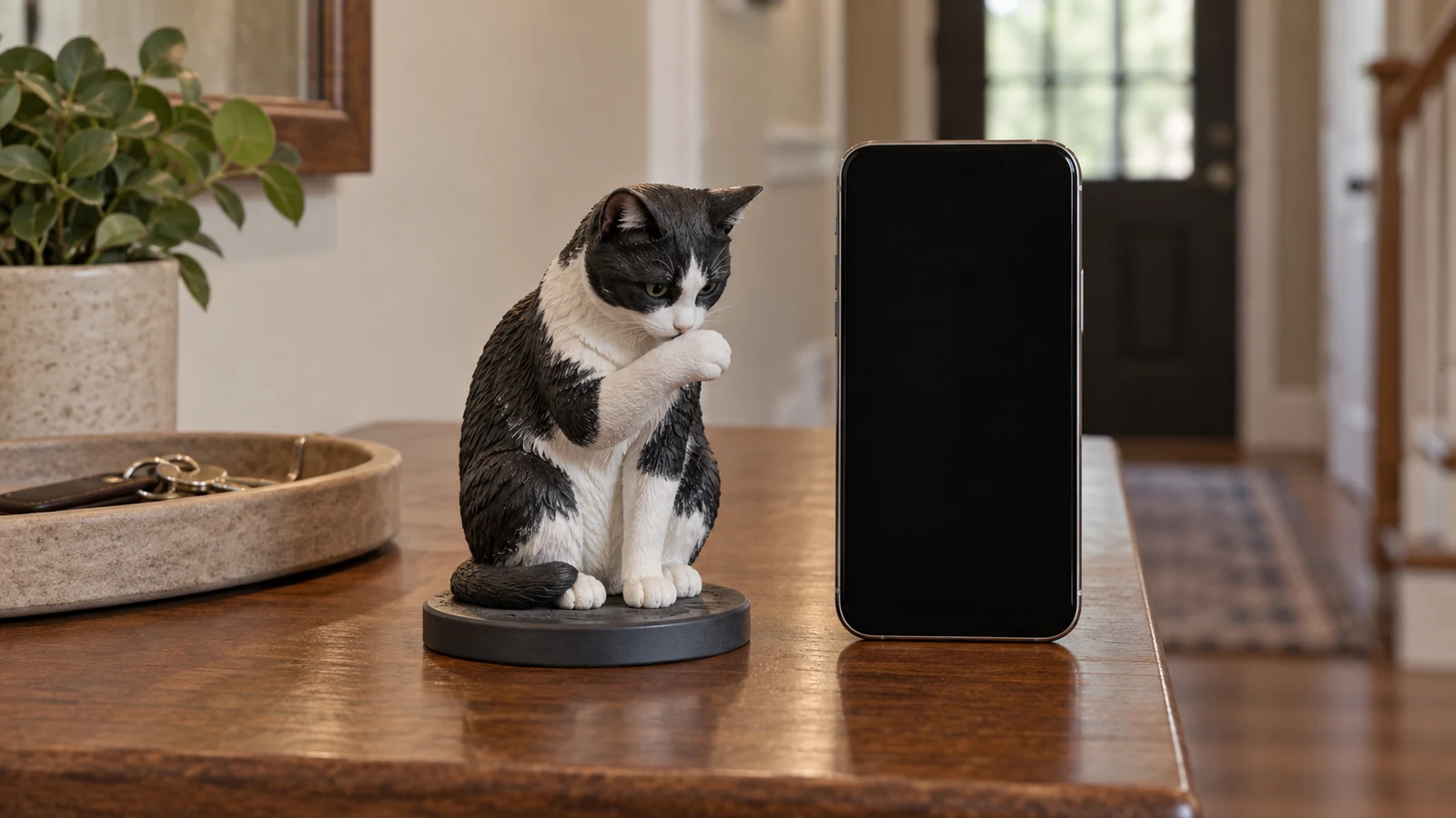 12 cm full-color 3D-printed black-and-white cat model with one paw raised beside a phone on a hallway console