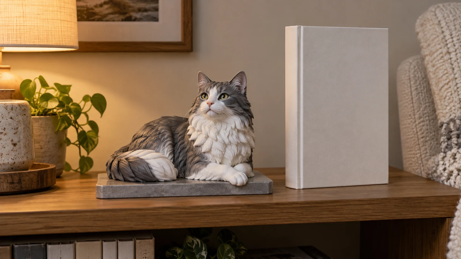 15 cm full-color 3D-printed gray-and-white longhair cat model resting beside a book on a reading shelf