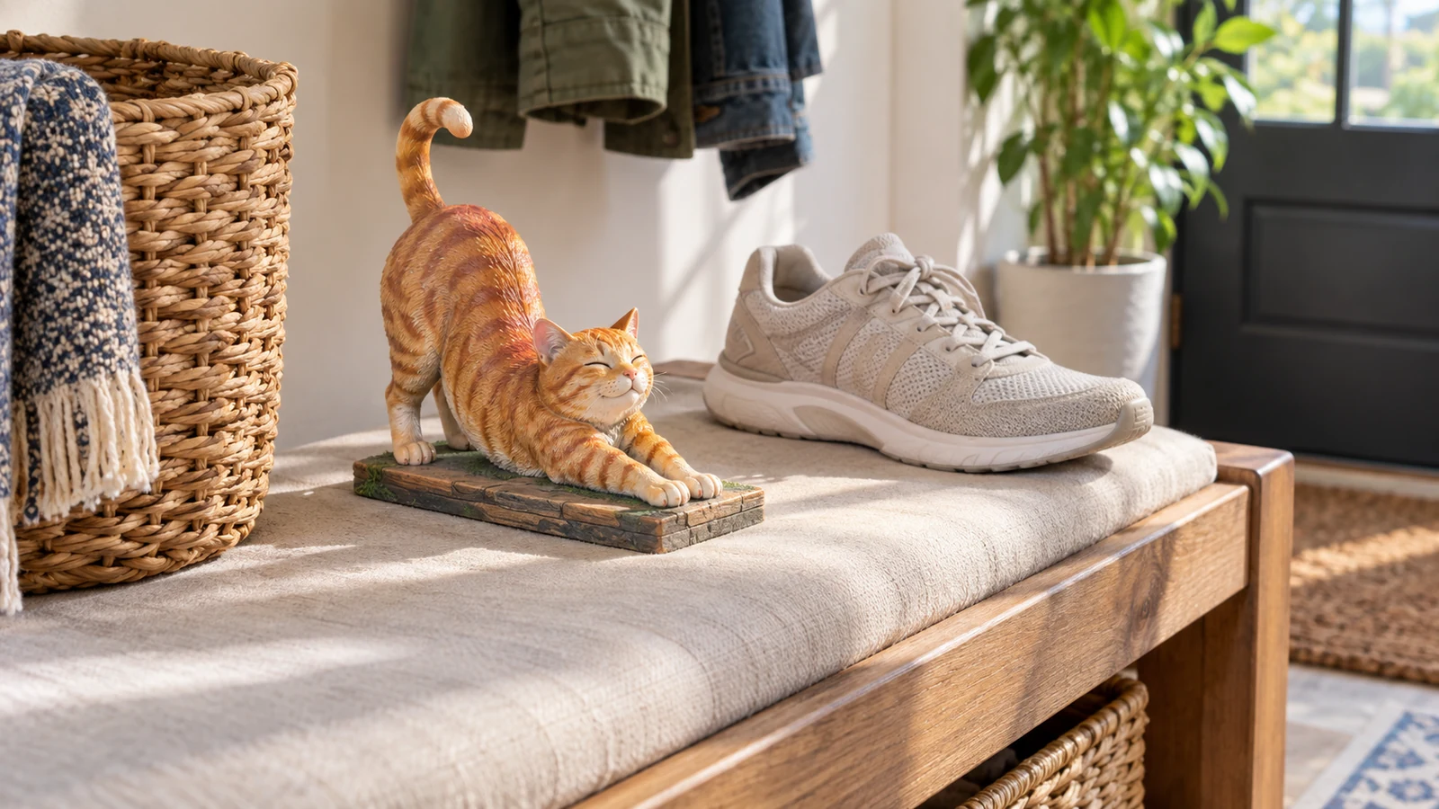 15 cm full-color 3D-printed orange tabby cat model stretching beside an adult sneaker on an entryway bench