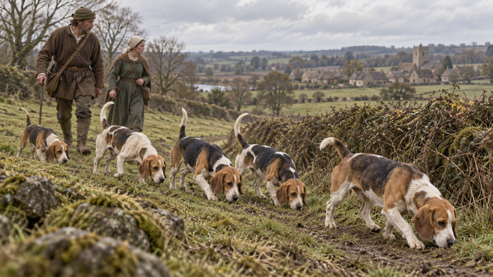 Small Beagle-like scent hounds follow a trail with people walking through the English countryside