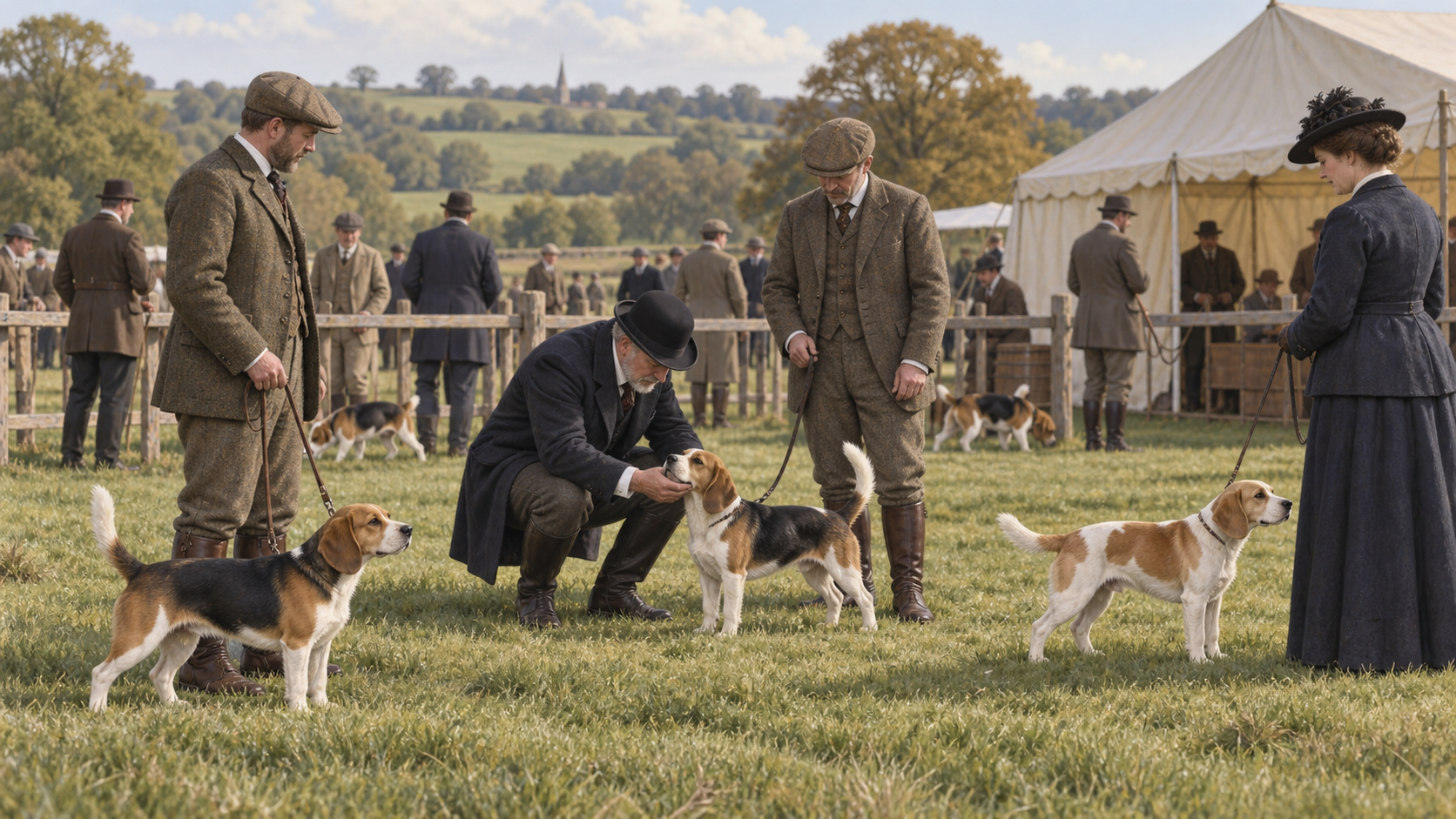 Beagles and handlers gather at a nineteenth-century field trial