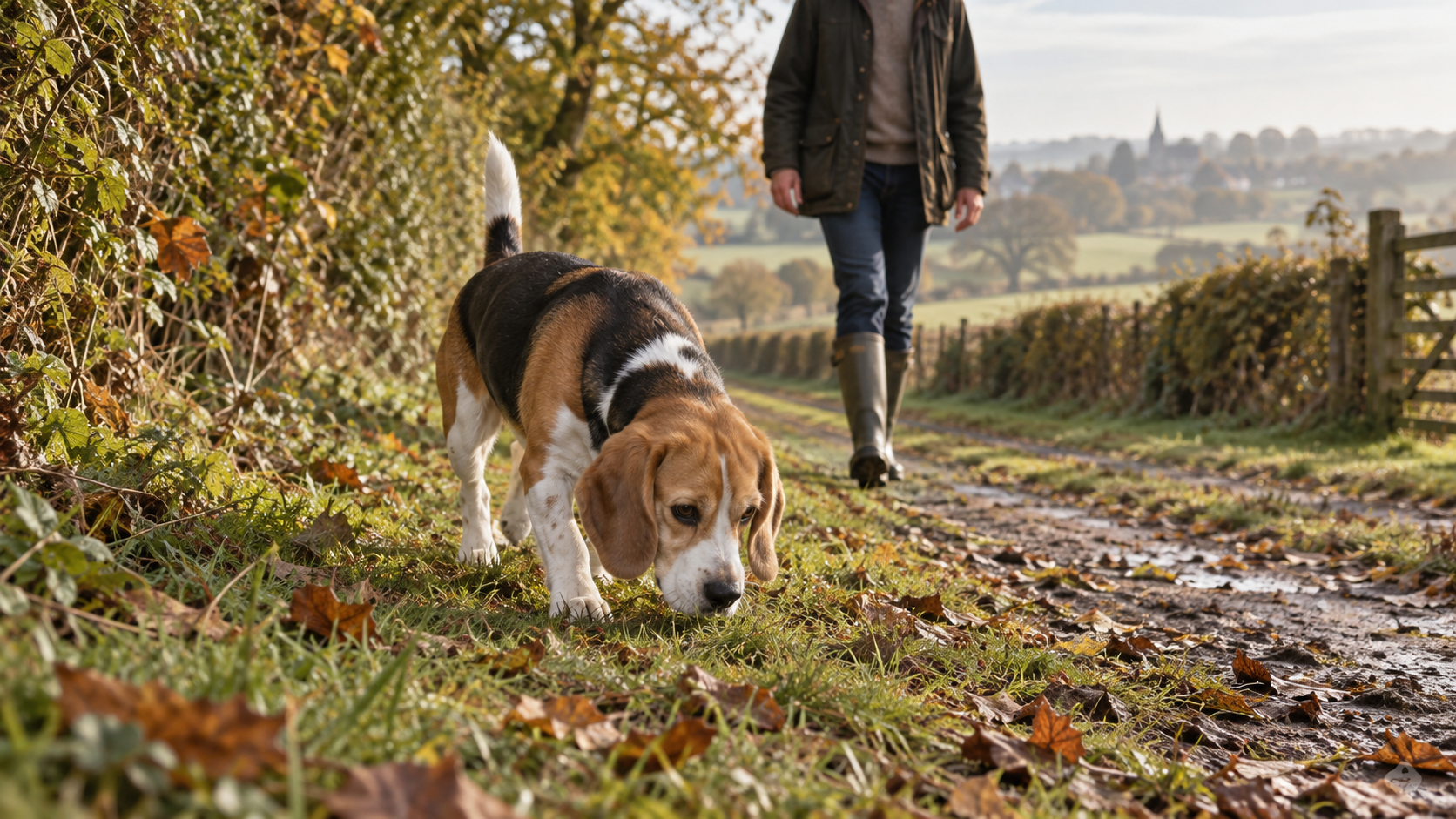 A tri-color Beagle follows a scent along an autumn country lane