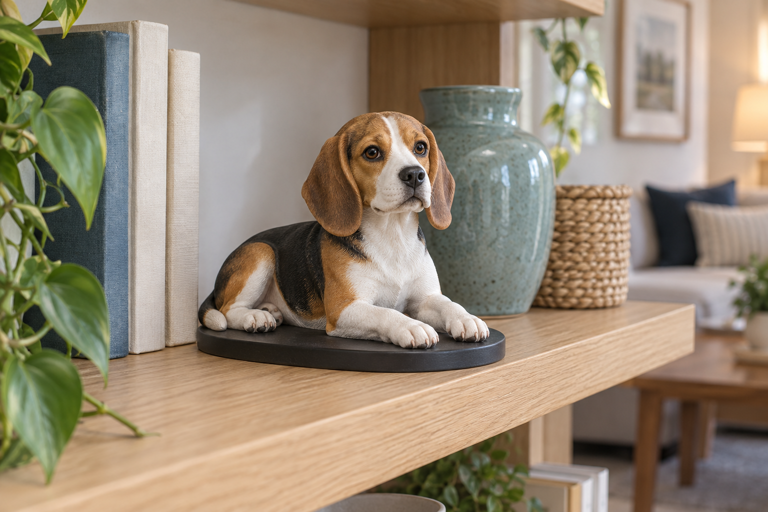 A tricolor Beagle figurine rests on a dark base on a pale oak bookshelf beside a blue-green vase