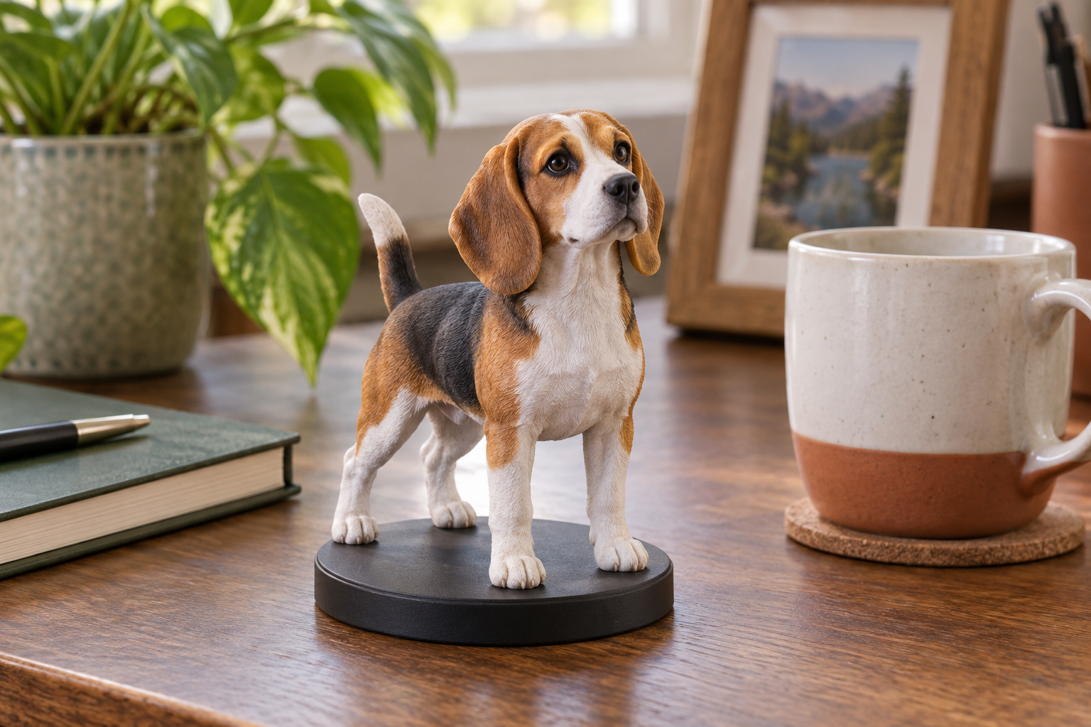 A detailed tricolor Beagle figurine stands on a round base beside a coffee mug on a walnut desk