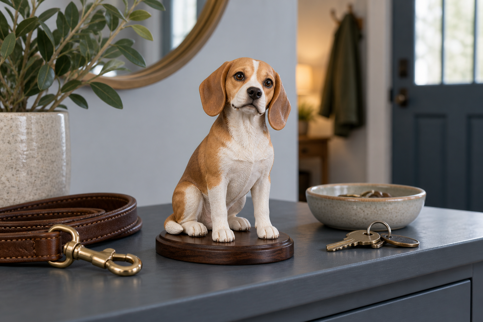 A lemon-and-white Beagle figurine sits on a walnut base on a blue-gray entryway console beside a leather leash and keys