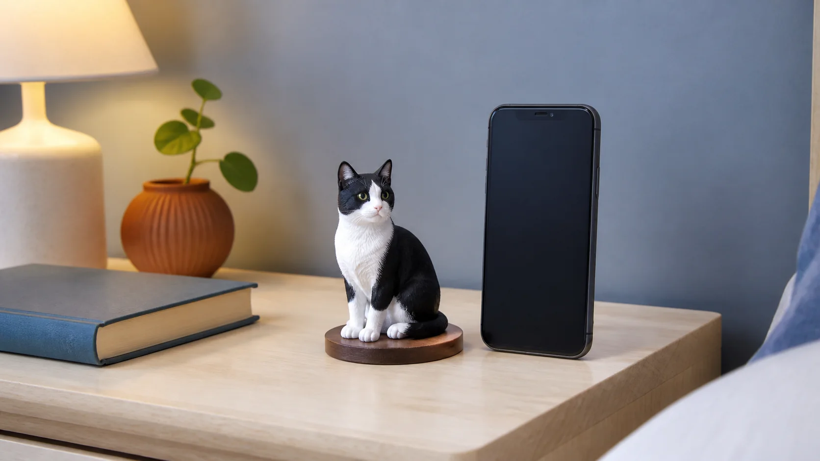 A 10 cm full-color 3D-printed tuxedo cat sculpture on a bedside table