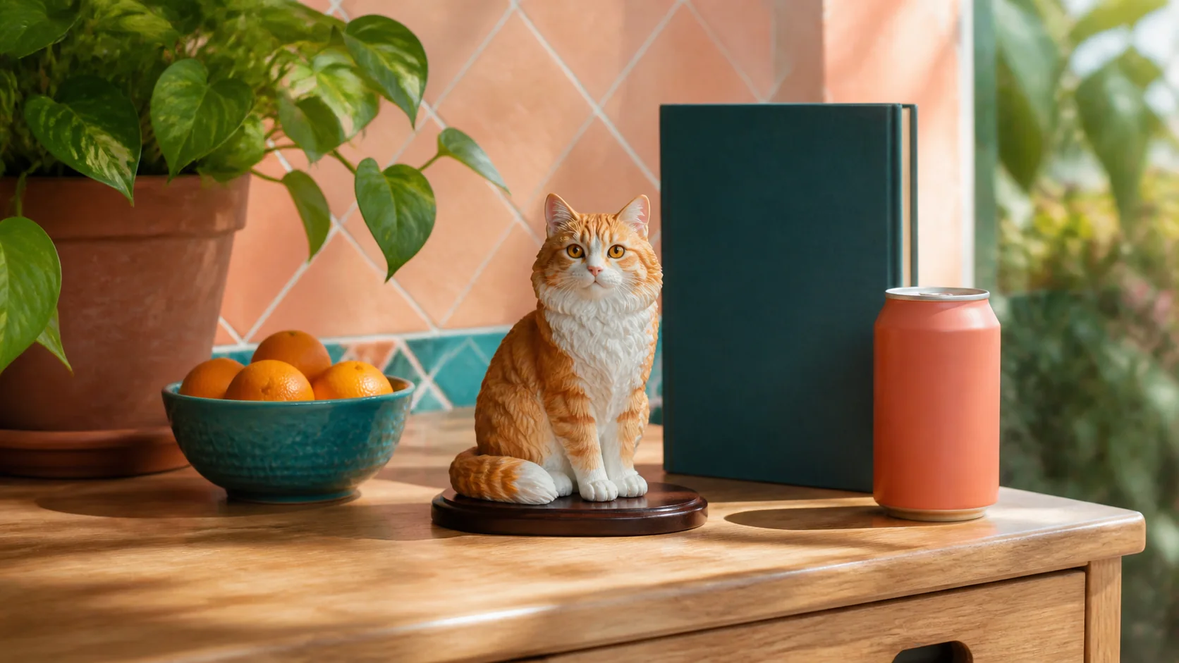 A 12 cm full-color 3D-printed ginger-and-white cat sculpture on a breakfast-room shelf