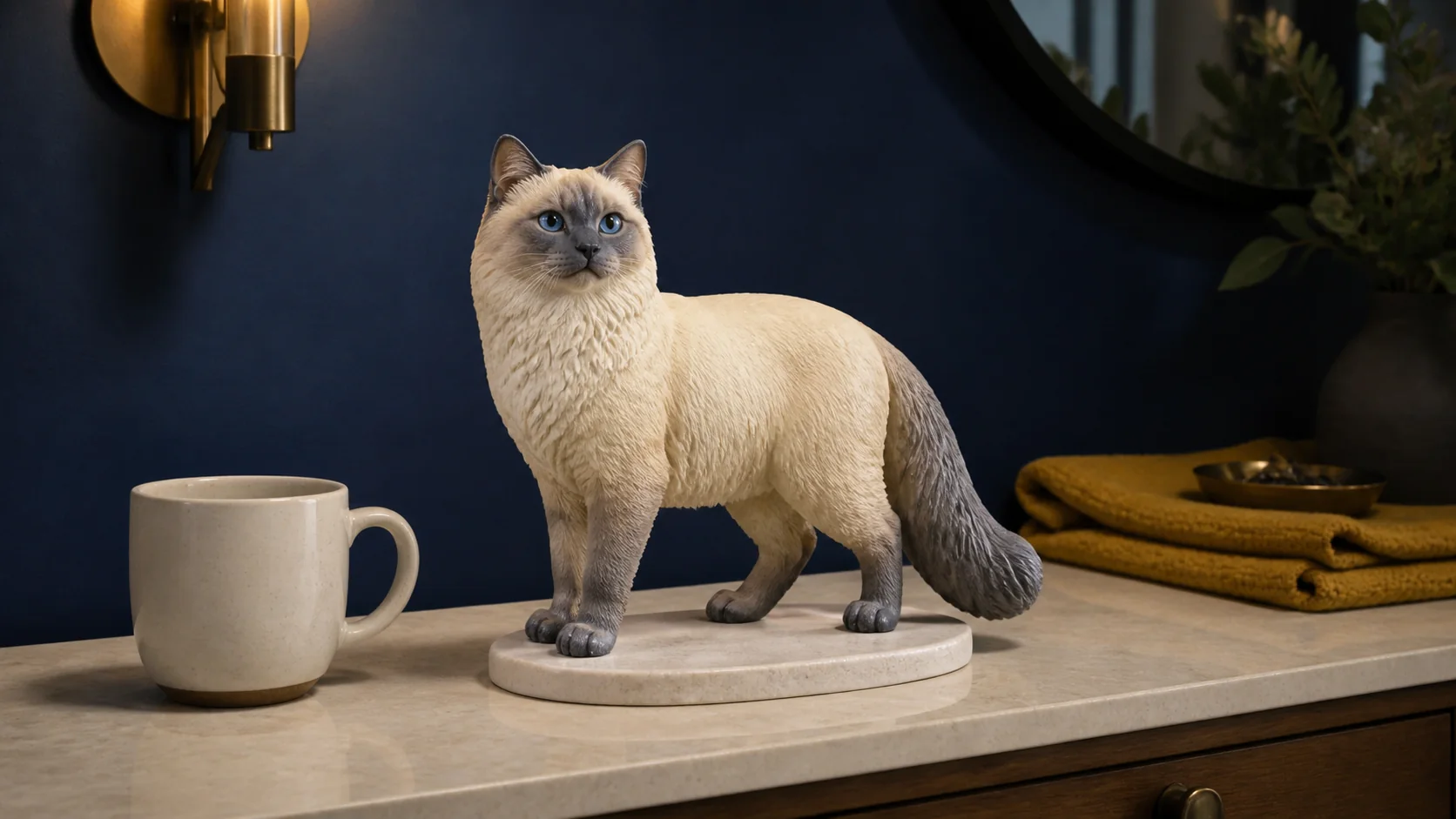 A 15 cm full-color 3D-printed blue-point cat sculpture on an entryway console