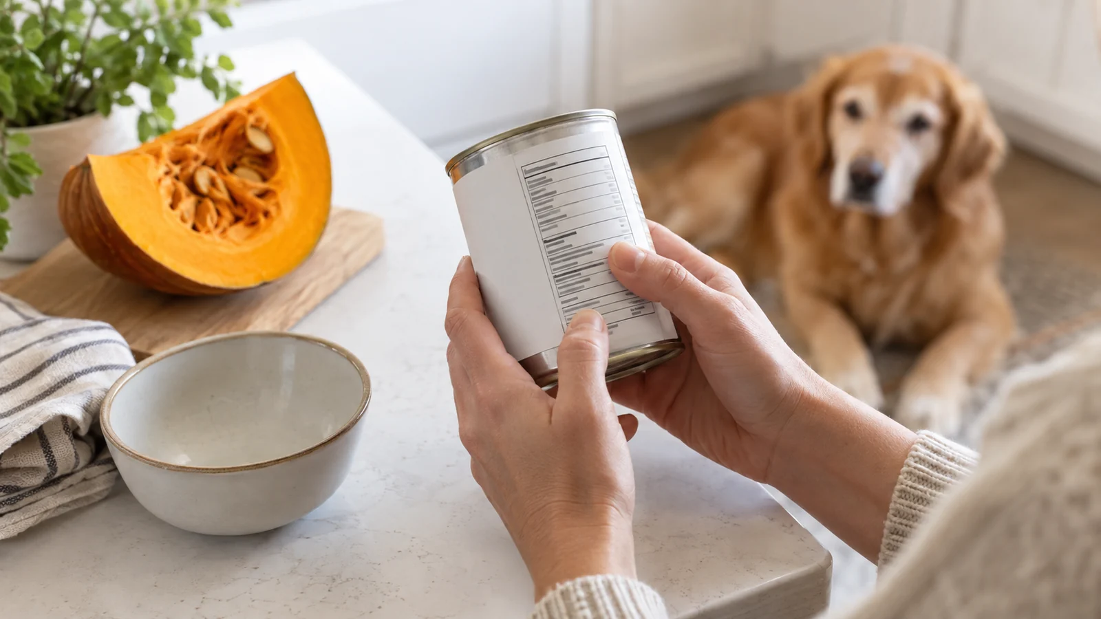 Person checking a generic canned-food ingredient panel while a dog waits in the background