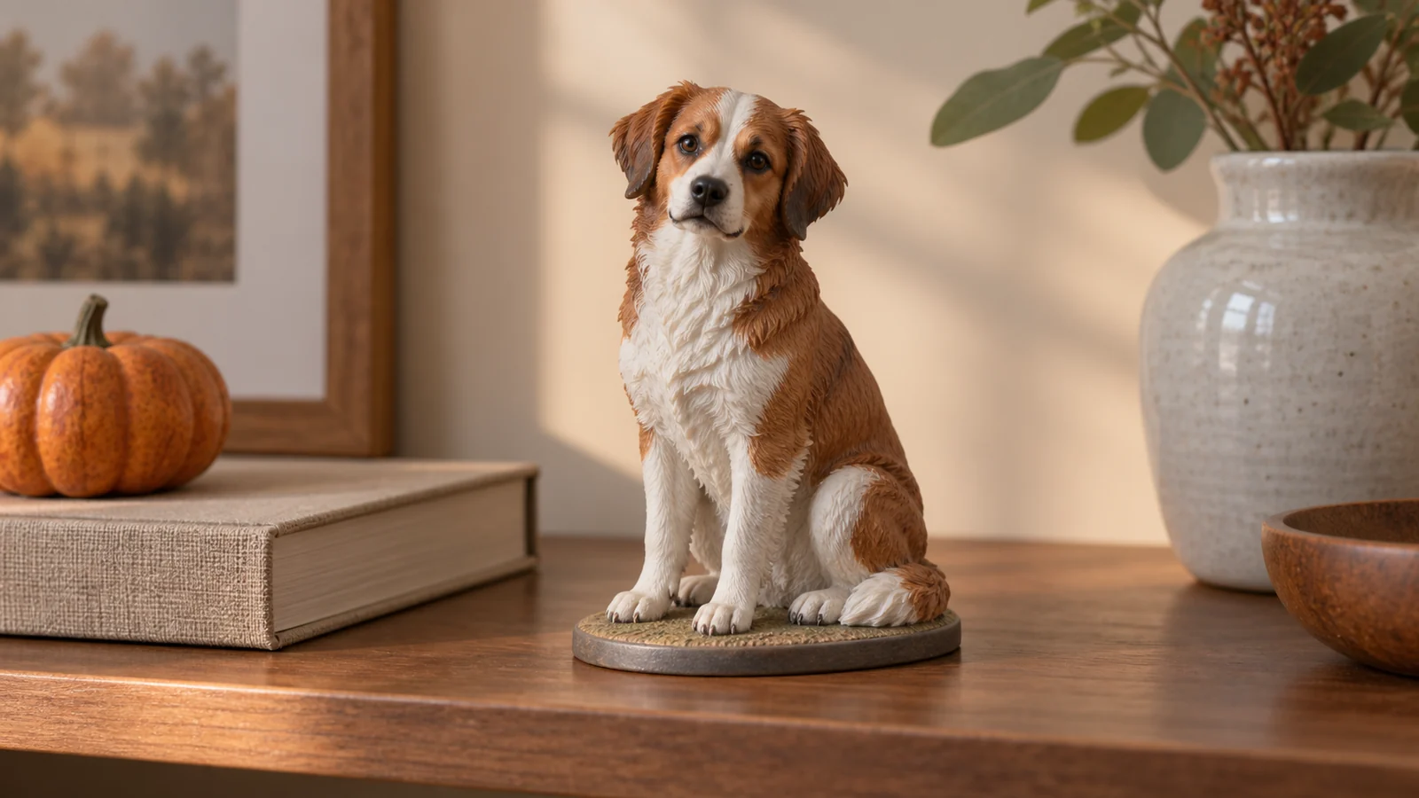 Full-color 3D-printed sculpture of a russet-and-white dog displayed beside a book and small pumpkin