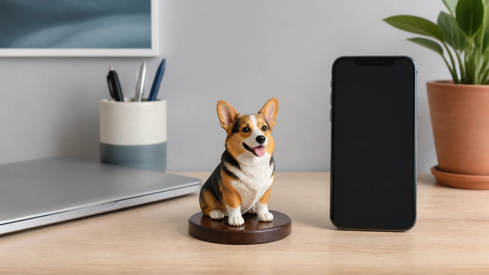 A 10 cm full-color 3D-printed corgi-like dog sculpture beside a smartphone on a desk