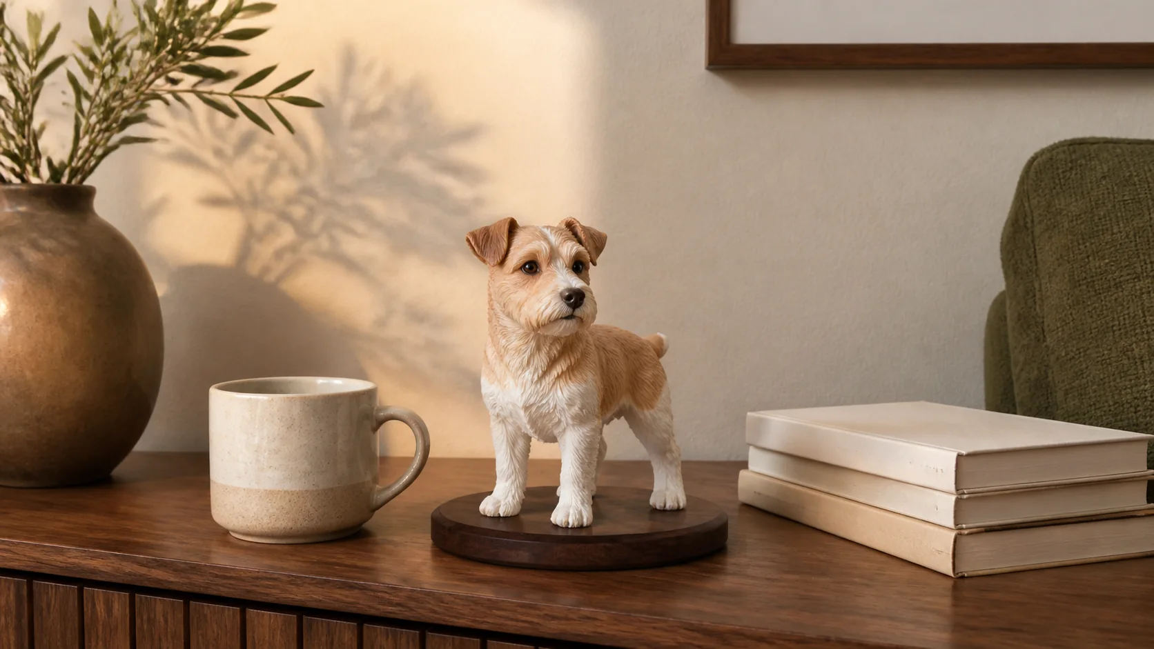 A 12 cm full-color 3D-printed terrier-mix dog sculpture on a living-room sideboard