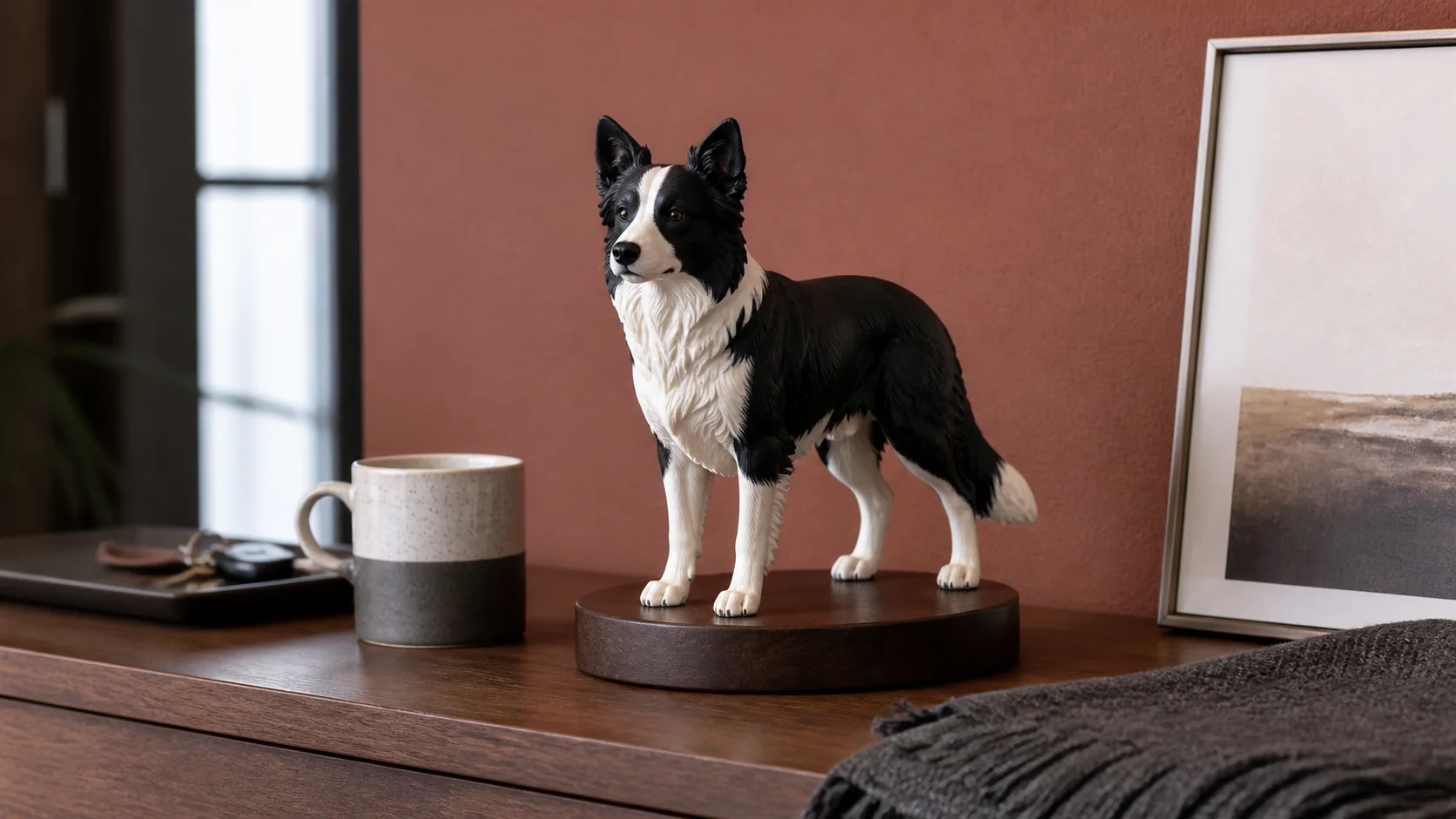 A 15 cm full-color 3D-printed border collie-like dog sculpture on an entry console