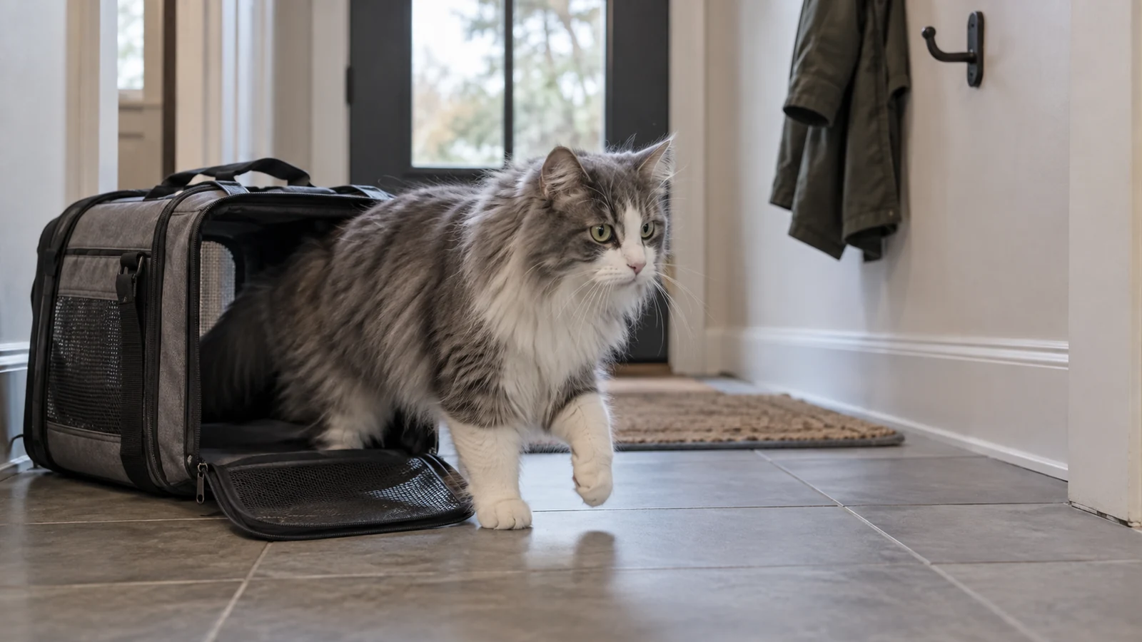 Gray-and-white domestic longhair cat cautiously stepping out of a carrier in a bright room