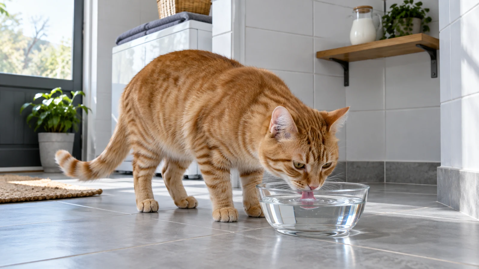 Orange tabby cat lapping fresh water from a clear bowl in a bright utility room