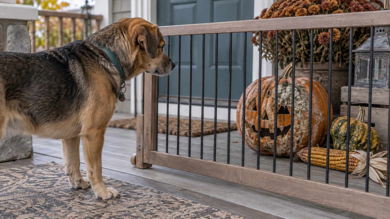 Dog separated by a pet gate from a moldy carved pumpkin and hard autumn decorations