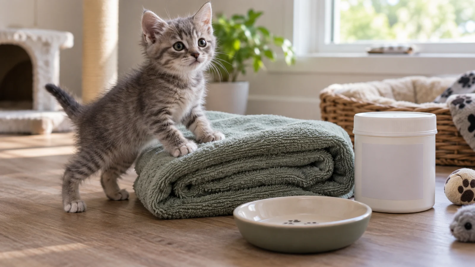 Gray weaned kitten climbing onto a folded towel beside an unbranded kitten milk replacer container