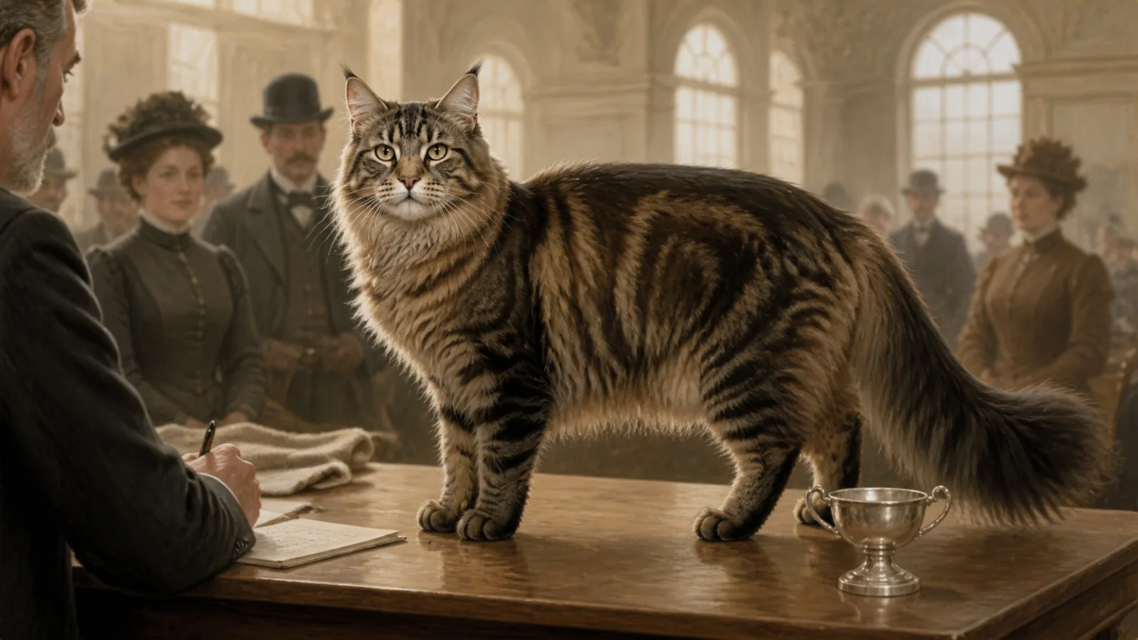 A brown tabby Maine Coon on a judging table in a historic cat-show hall