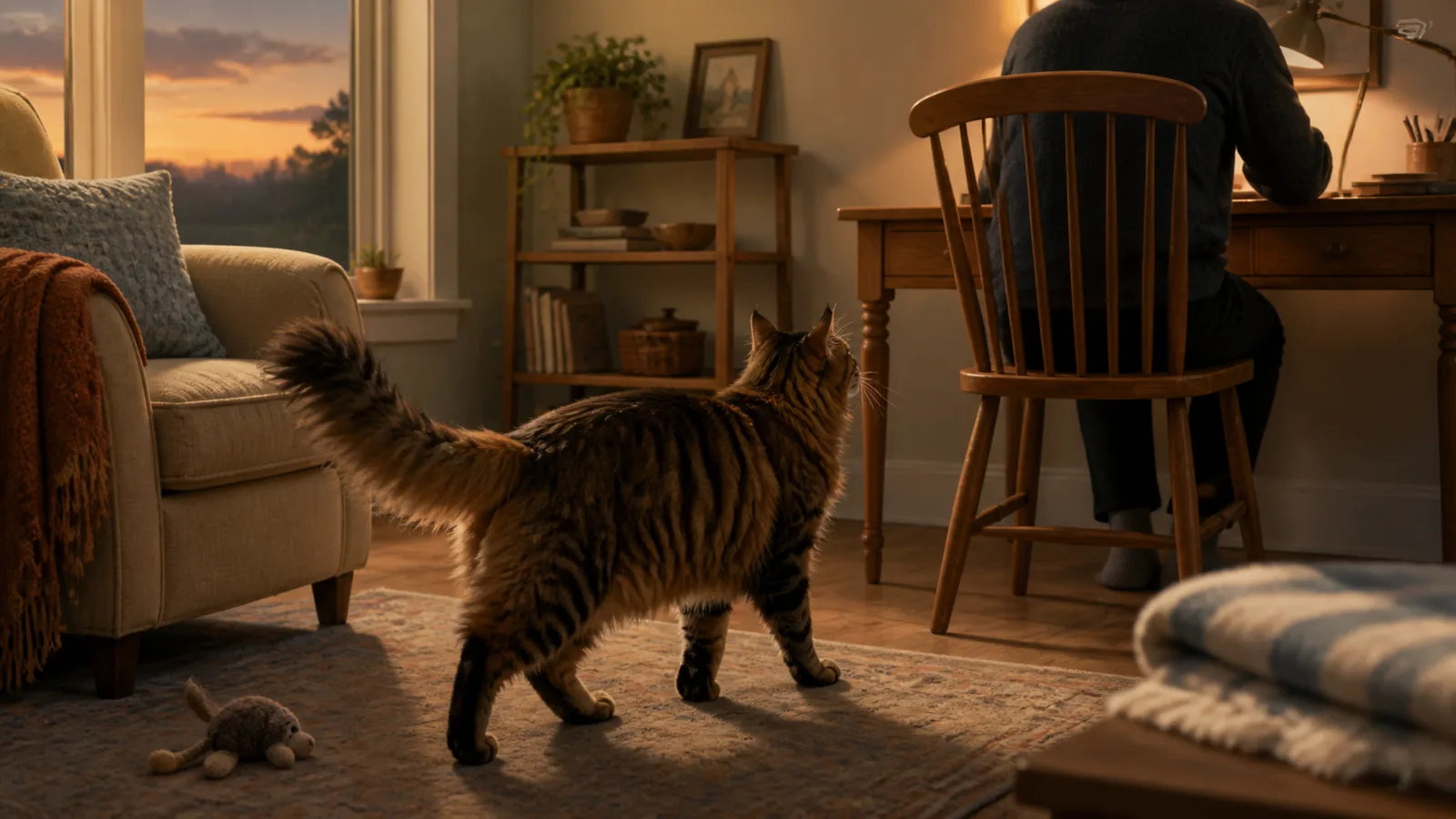 A Maine Coon following a person toward a desk in a warm modern home