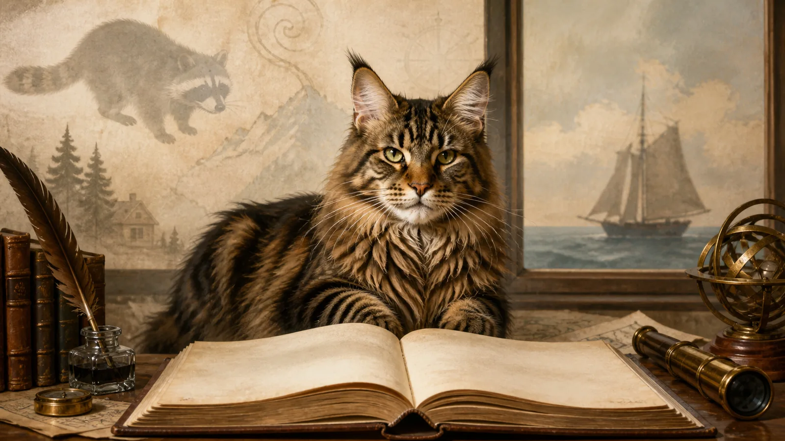 A Maine Coon beside a blank historical ledger with a harbor and ship in the background