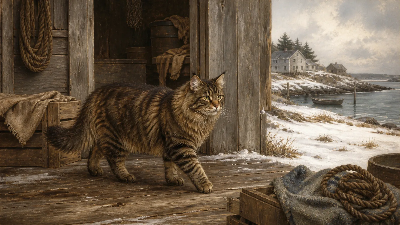 A Maine Coon near a weathered coastal shed with fishing crates and winter snow