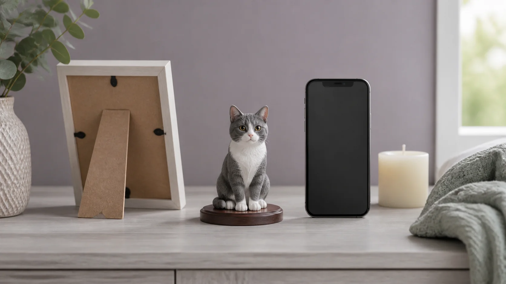 A 10 cm full-color 3D-printed gray-and-white cat sculpture on a quiet bedside shelf