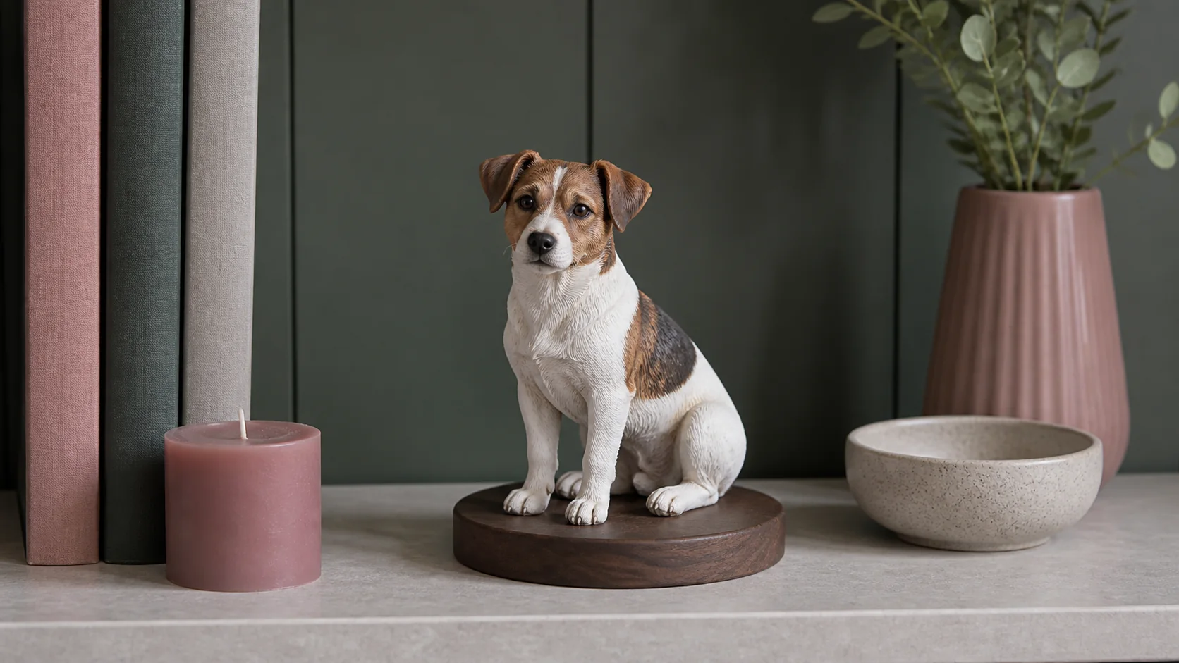 A 12 cm full-color 3D-printed small dog sculpture on a bookcase shelf