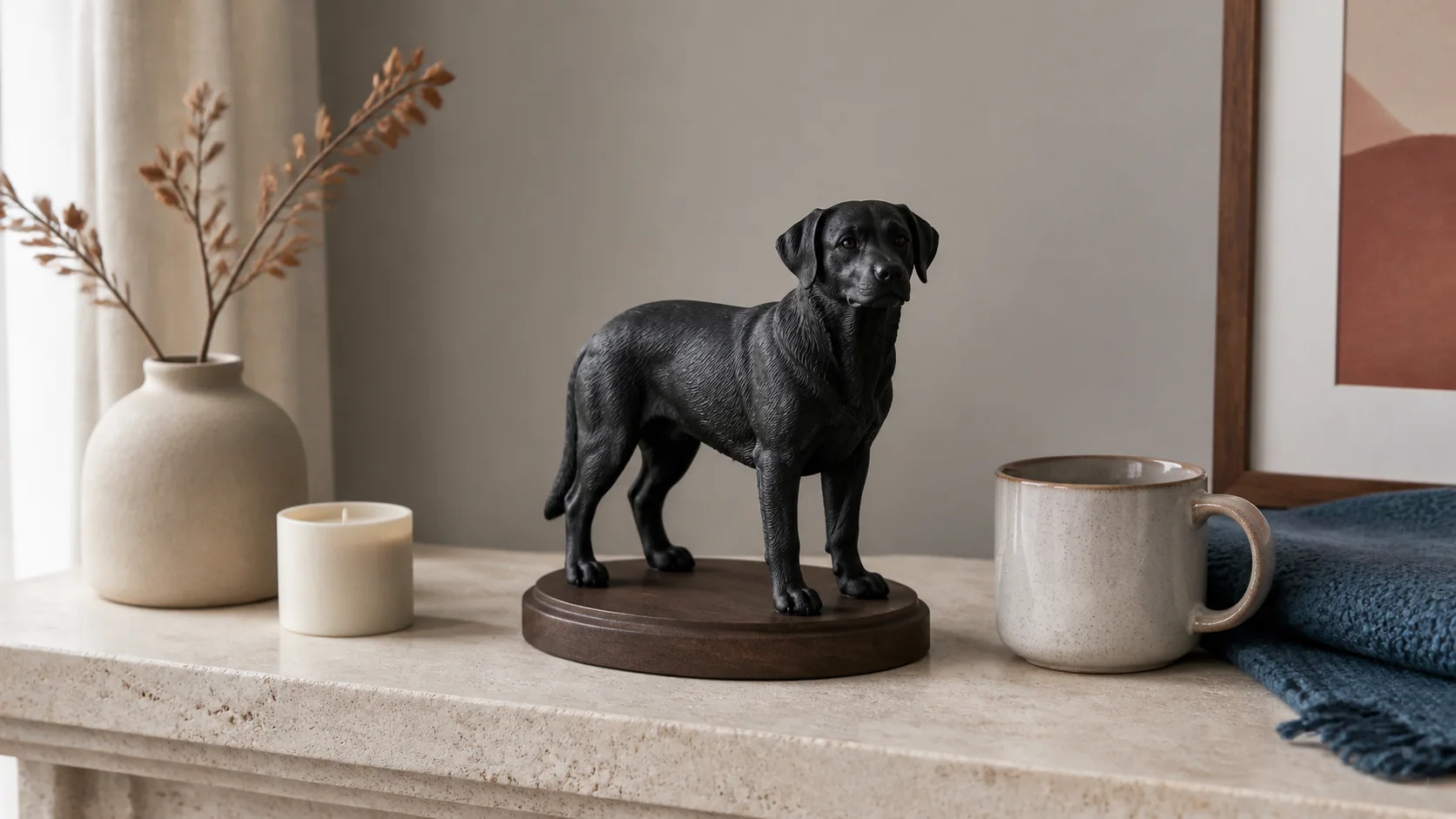 A 15 cm full-color 3D-printed black Labrador-like dog sculpture on a mantel