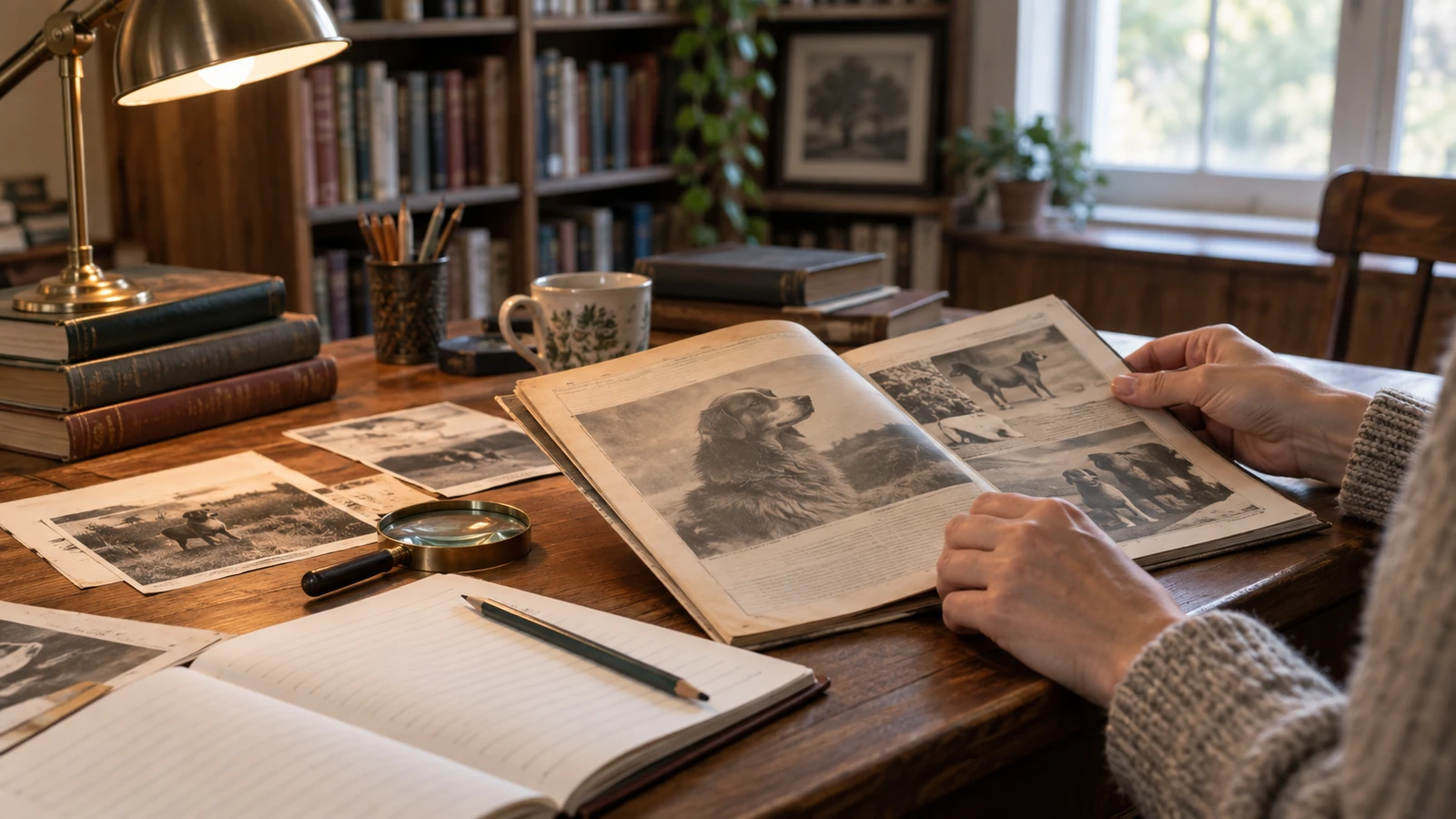 Photorealistic research desk with dog-history materials, a magnifying glass, and a notebook
