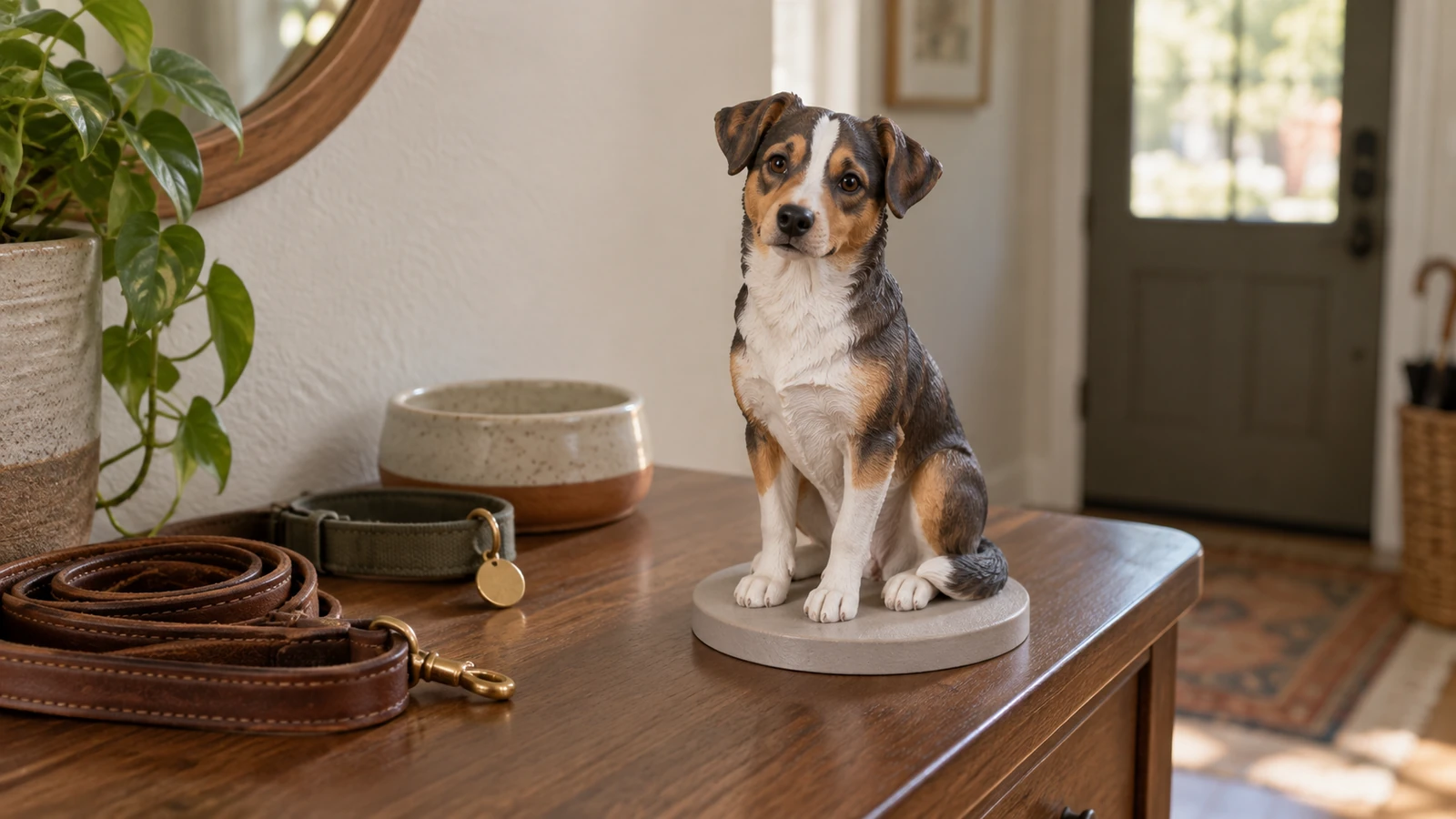 High-precision full-color 3D-printed tricolor mixed-breed dog model on a round base beside a leash in a home entryway