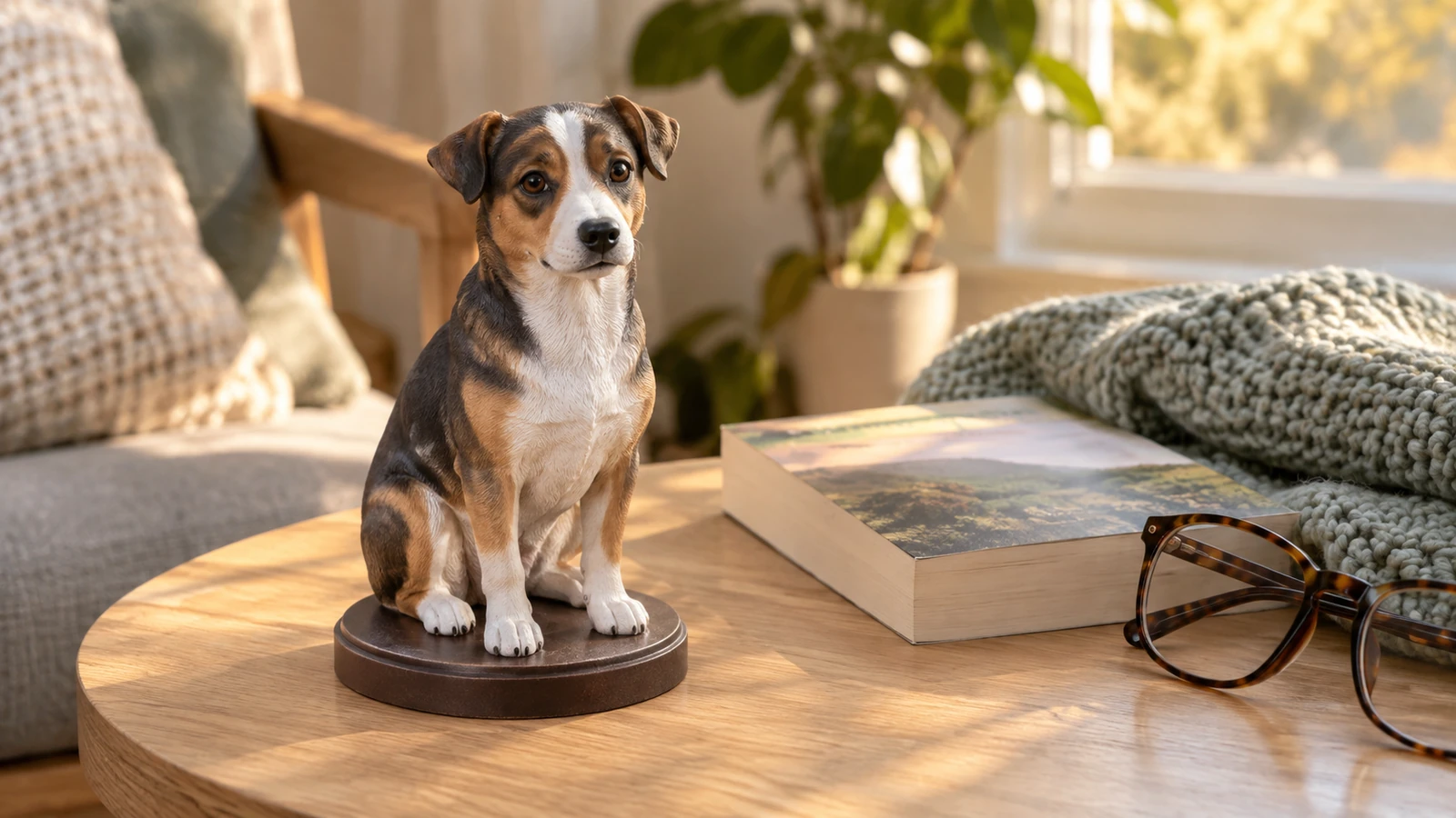 High-precision full-color 3D-printed tricolor mixed-breed dog model on a round base in a sunlit home reading nook