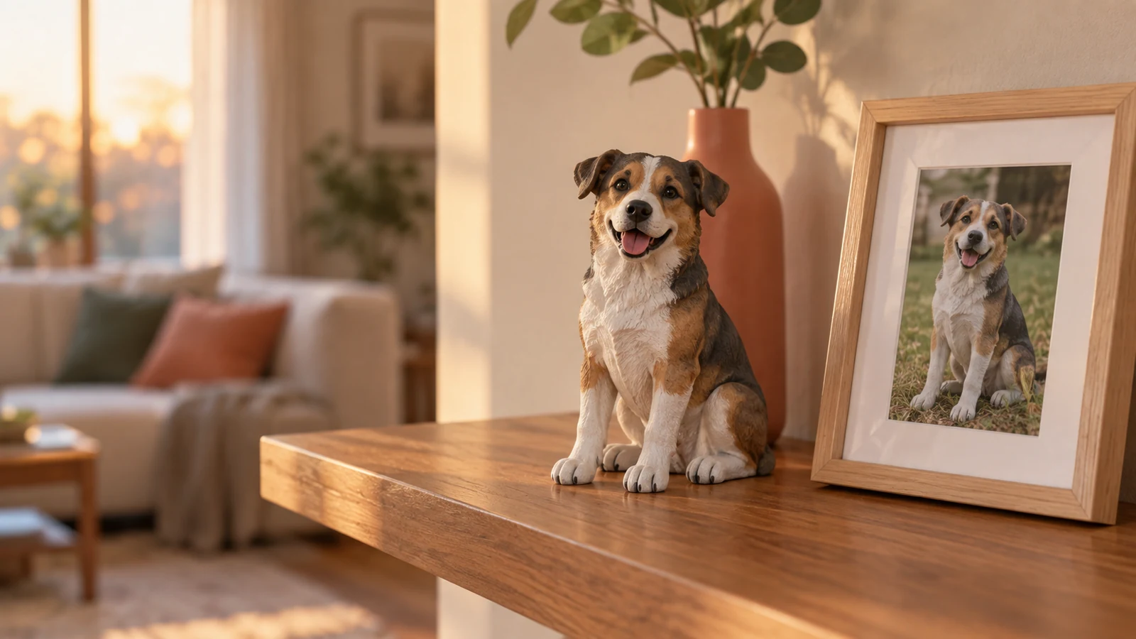 High-precision full-color 3D-printed tricolor mixed-breed dog sculpture beside a framed dog reference photo on a home shelf