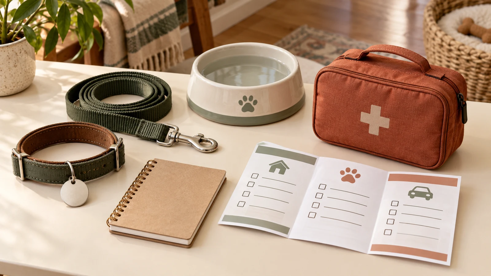 Dog collar, blank identification tag, leash, water bowl, and emergency kit on a home table