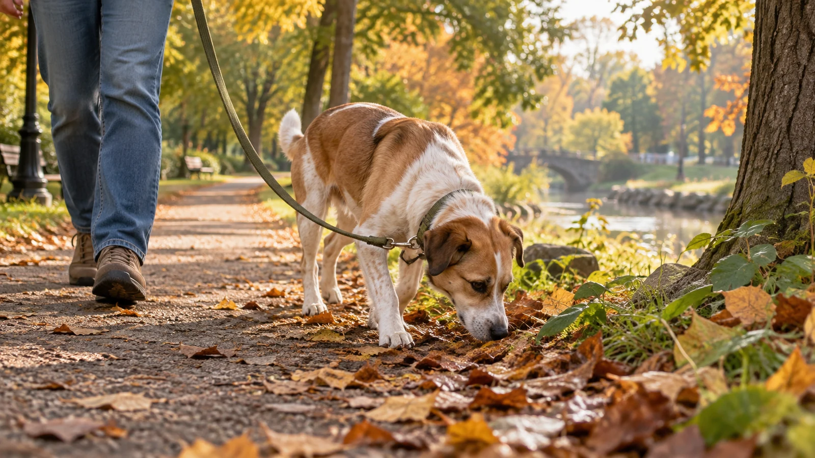 Photorealistic dog pausing to smell a leafy park path during a calm enrichment walk