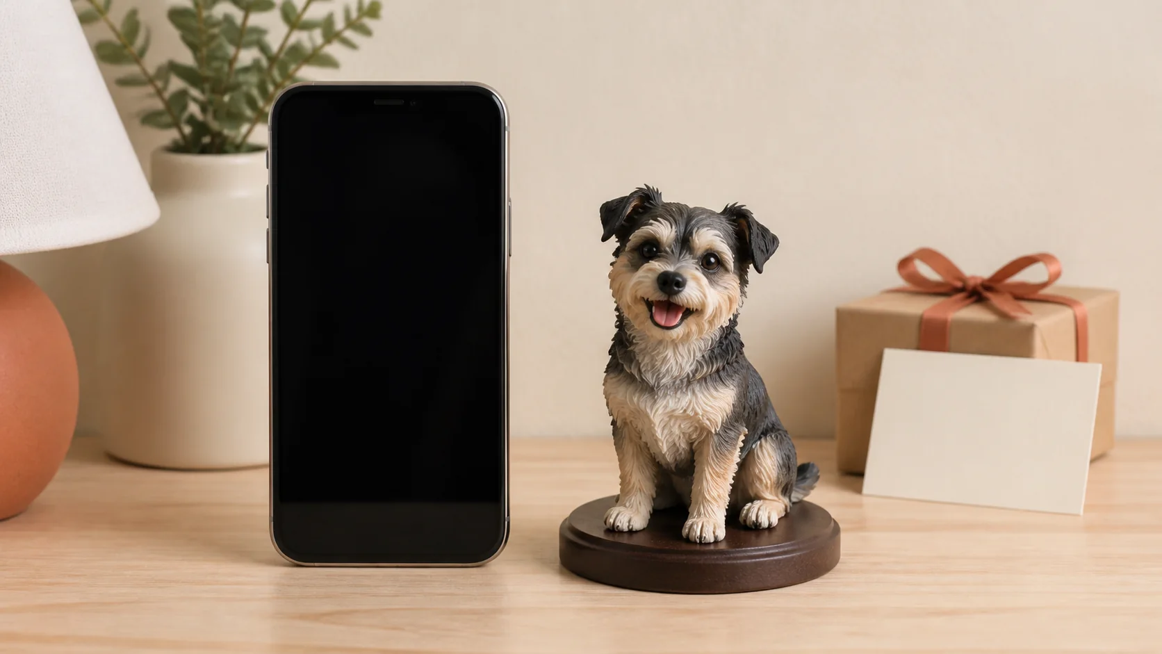 A 10 cm full-color 3D-printed dog sculpture beside a smartphone on a small desk