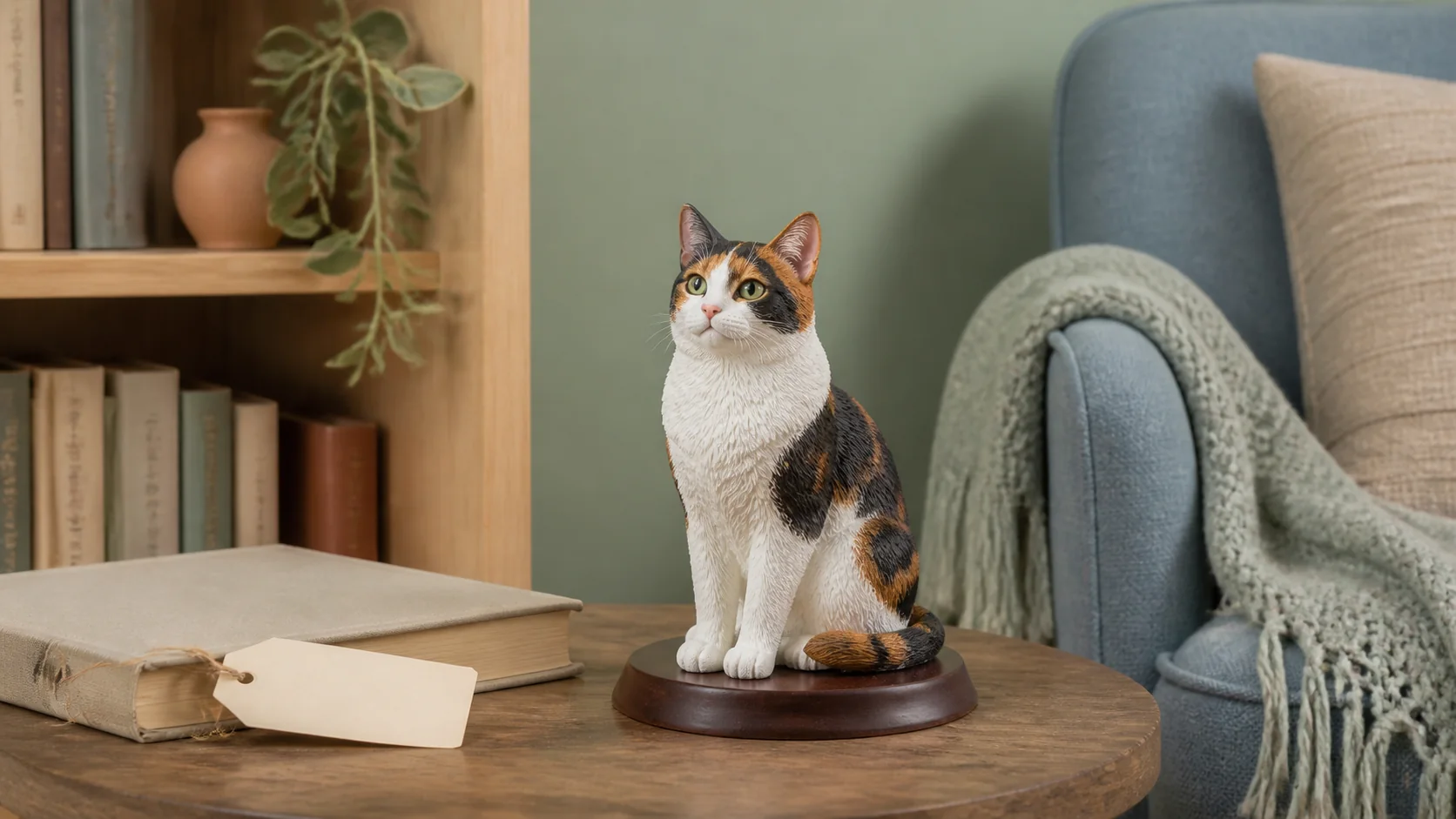 A 12 cm full-color 3D-printed calico cat sculpture on a reading-nook shelf