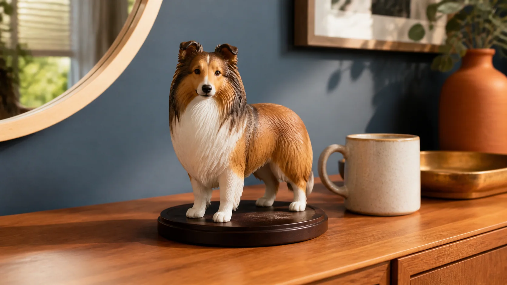 A 15 cm full-color 3D-printed Shetland sheepdog sculpture on a walnut sideboard