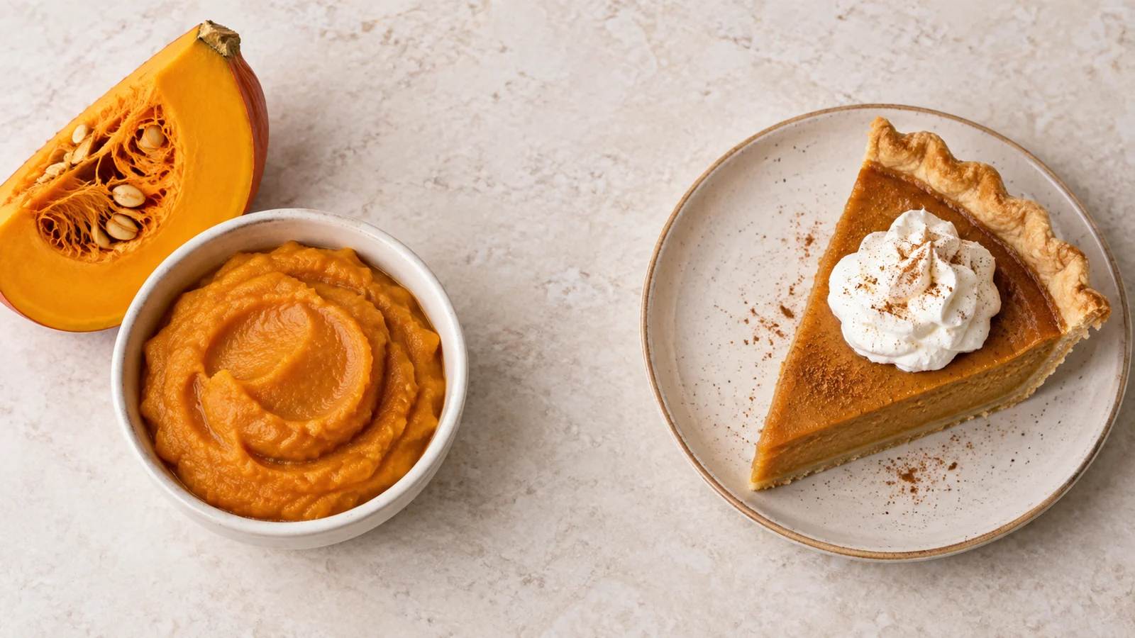 Plain pumpkin puree and a fresh pumpkin wedge beside a slice of pumpkin pie